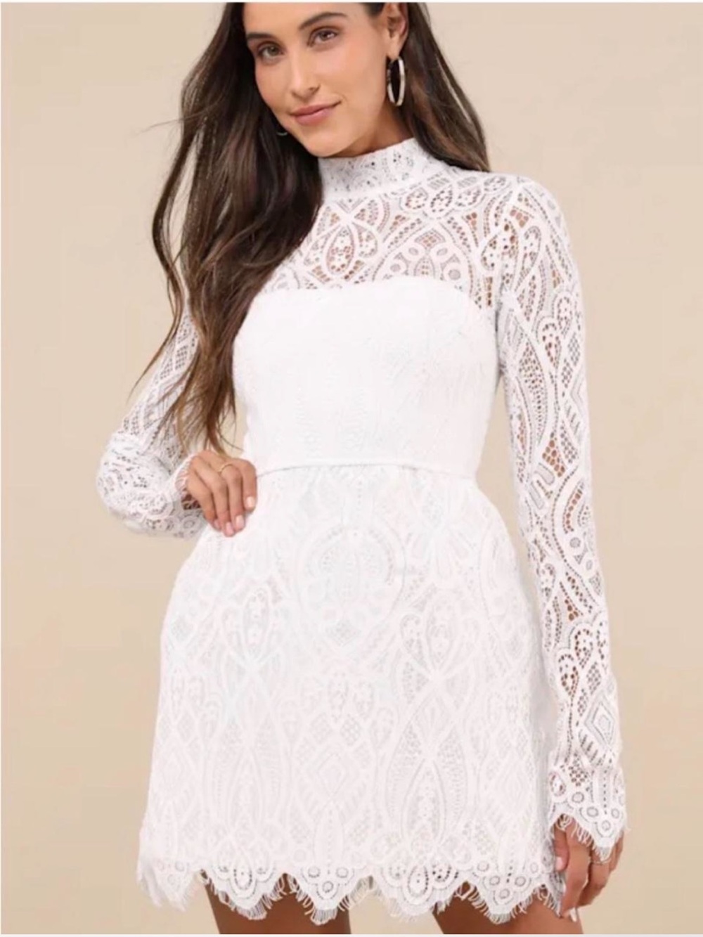 Lulu's White Lace High-Neck Long Sleeve Mini Dress